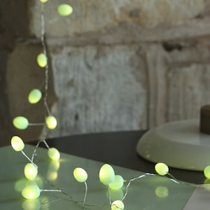 May include: A string of fairy lights with green, oval-shaped bulbs. The lights are strung on a silver wire and are lit, casting a warm glow.