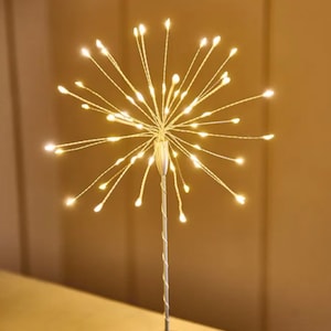 May include: A decorative tabletop light shaped like a firework with a silver base and warm white LED lights.