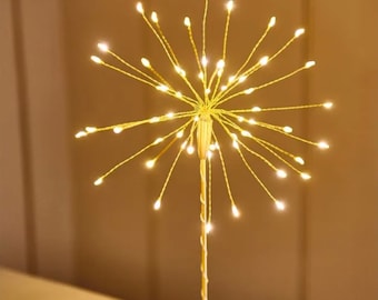 May include: A decorative gold-colored light fixture with a round base and a central stem that branches out into multiple thin wires, each tipped with a small, warm white LED light. The fixture resembles a burst of light or fireworks.