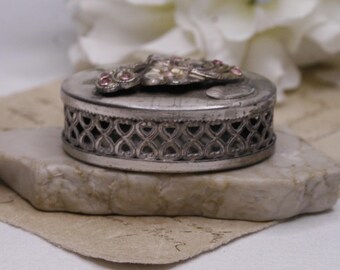 Nicla Oggetti Vintage Silver Tone Pill Box With Pink Rhinestones