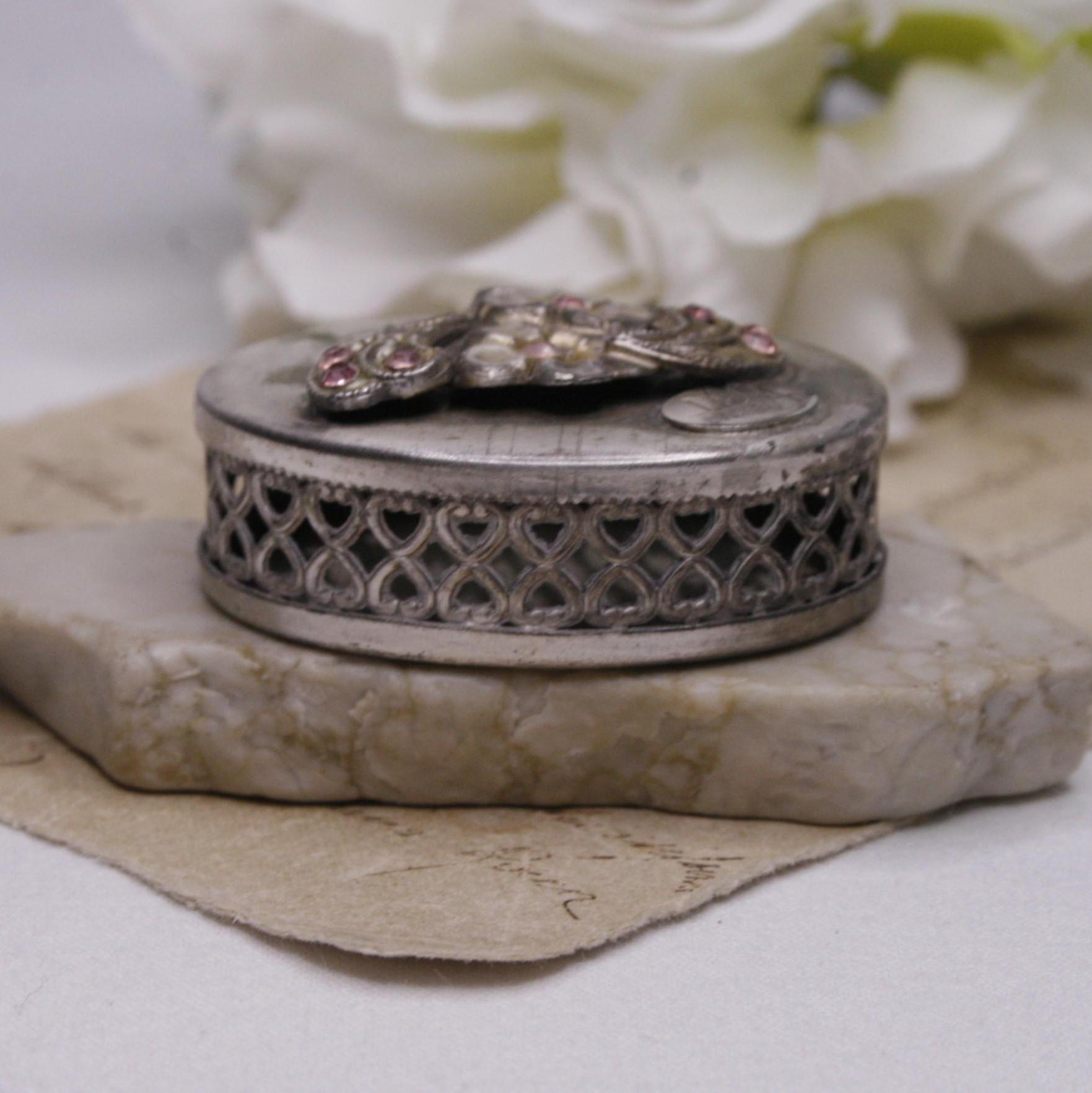Nicla Oggetti Vintage Silver Tone Pill Box With Pink Rhinestones