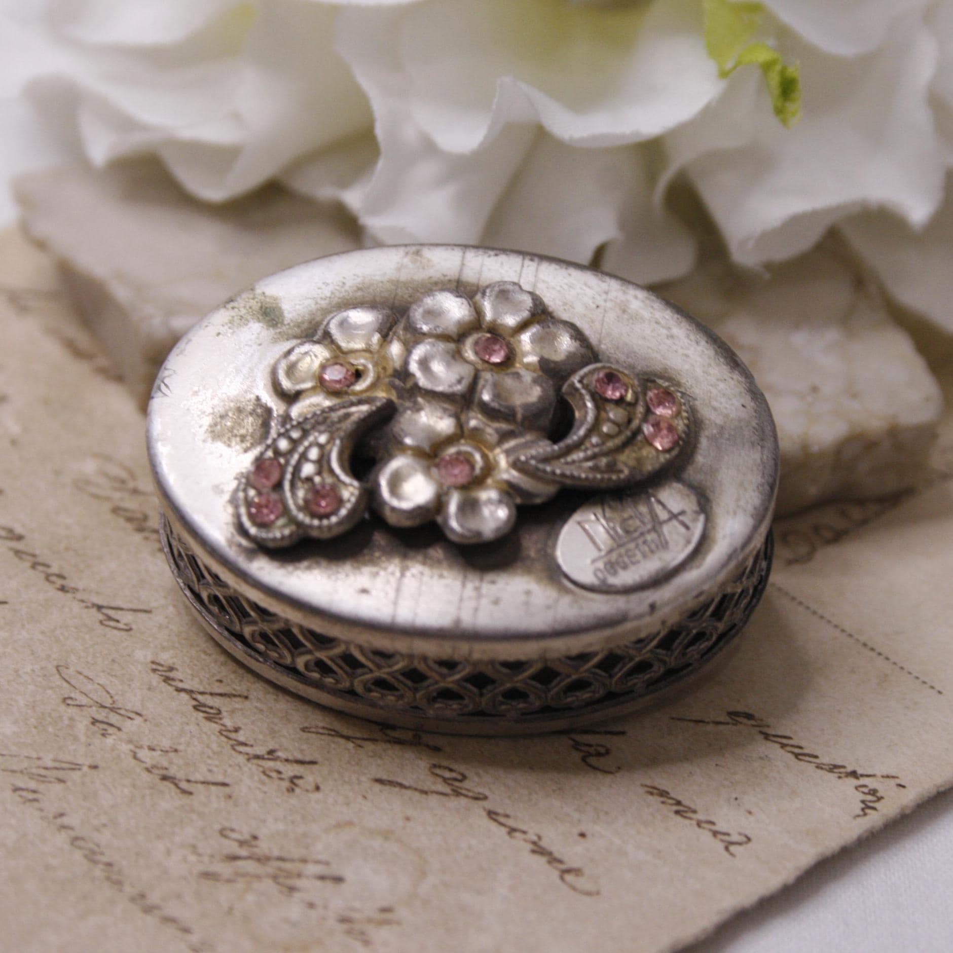 Nicla Oggetti Vintage Silver Tone Pill Box With Pink Rhinestones