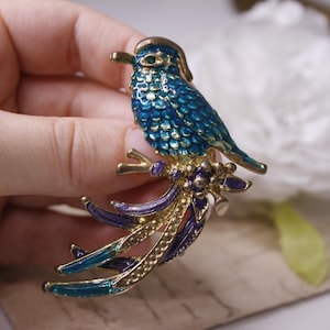 Vintage enamel bird of paradise brooch Large bird with rhinestone eye