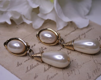 Vintage faux pearl teardrop dangle clip on earrings, Bridal clip on