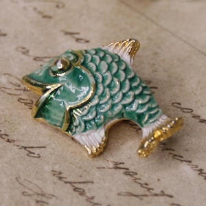 Vintage green enamel fish brooch Tropical fish pin Gold tone carp fish brooch