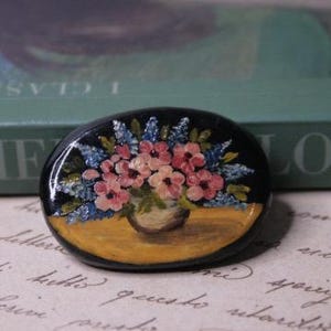Vintage Russian brooch Hand painted floral Vintage wooden flower brooch