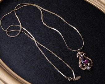 Avon Victorian style pendant necklace with faux amethyst and pearls, Vintage pendant necklace