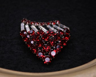 Vintage large red and clear rhinestones brooch, Gift for mom