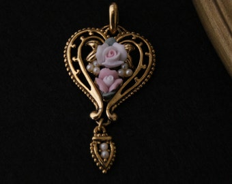 Vintage heart with ceramic flowers pendant Gold tone Faux pearl pendant