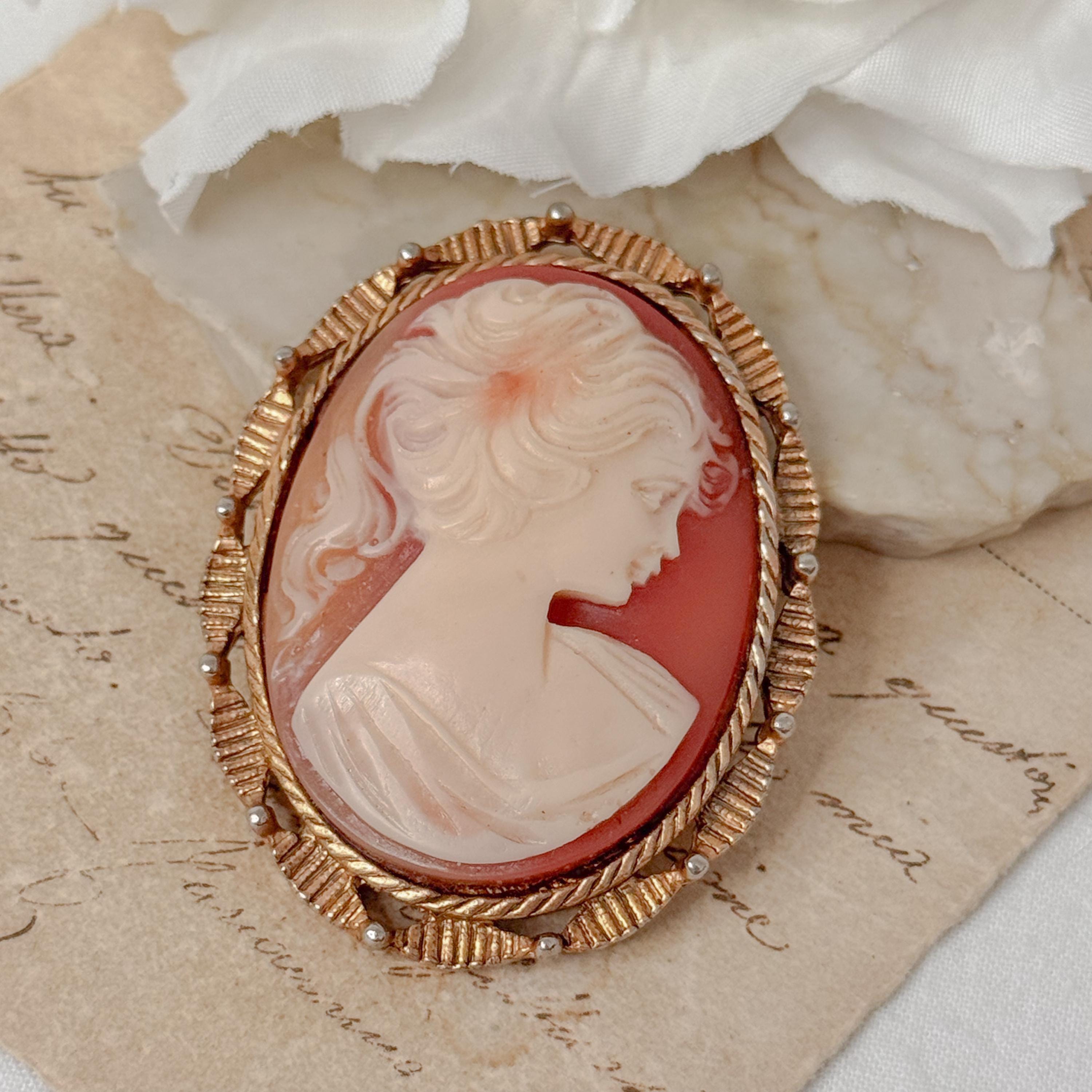 Vintage Lady Face Cameo Brooch Victorian Faux Cameo Large Carved