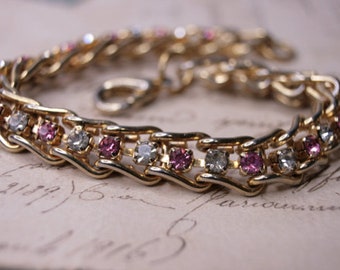 Gold tone chain rhinestone tennis bracelet Vintage pink and white rhinestone bracelet