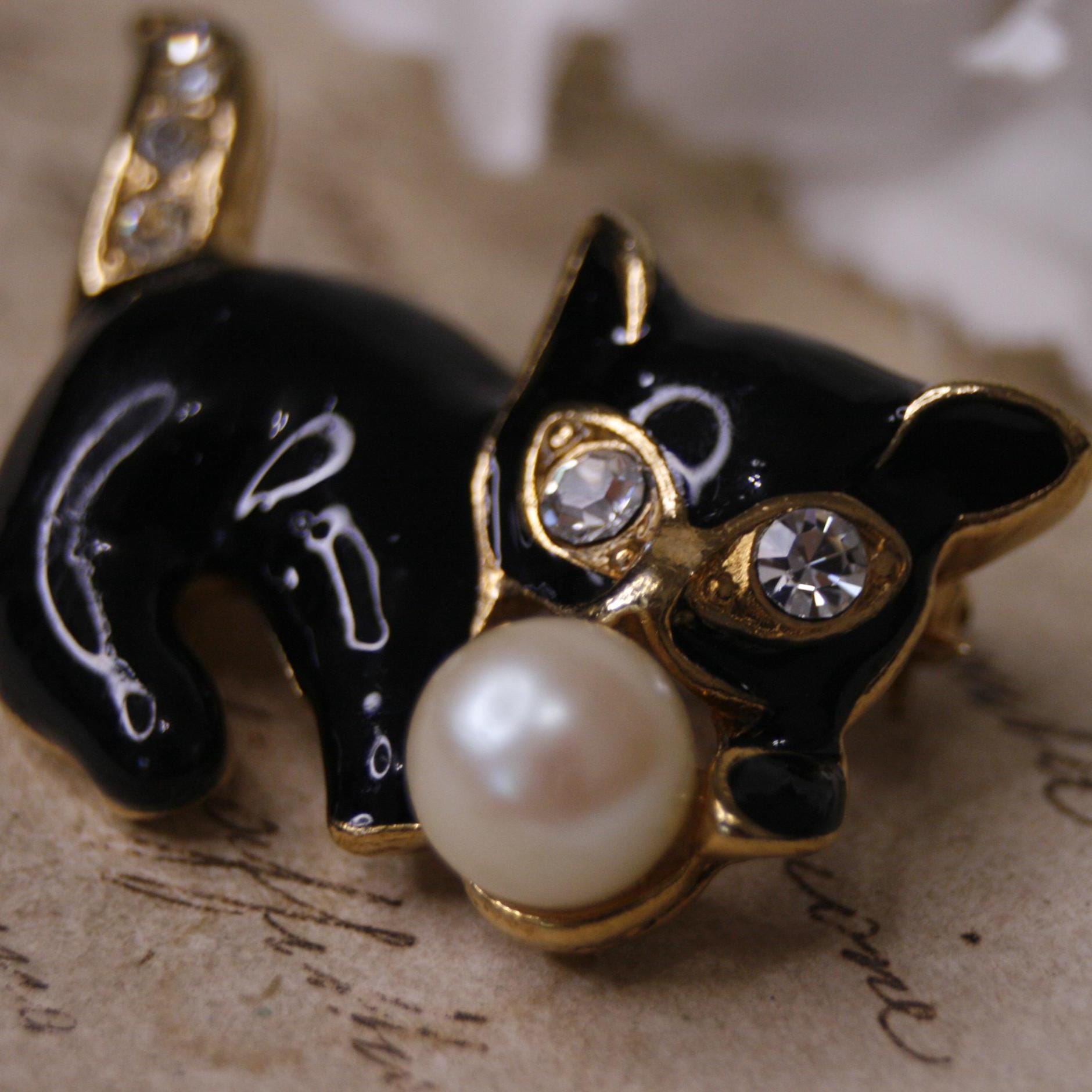 Broche Double Chat Strass Et Émail Noir - Bijou Fantaisie Neuf Sans Emballage
