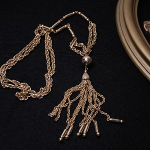 Vintage gold tone tassel necklace, Two strands chain necklace with tassel