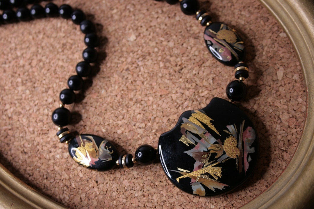Vintage Japan Bead Necklace Black and Gold Oriental Beads Etsy