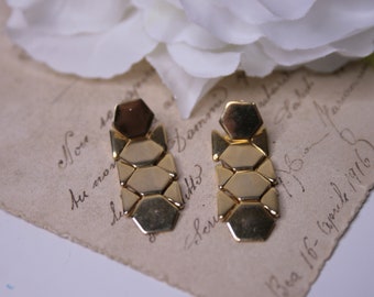 Vintage gold tone hexagon stud earrings, Geometric dangle earrings