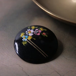 Vintage small round brooch, Hand-painted circle black pin with flowers, Gift for her