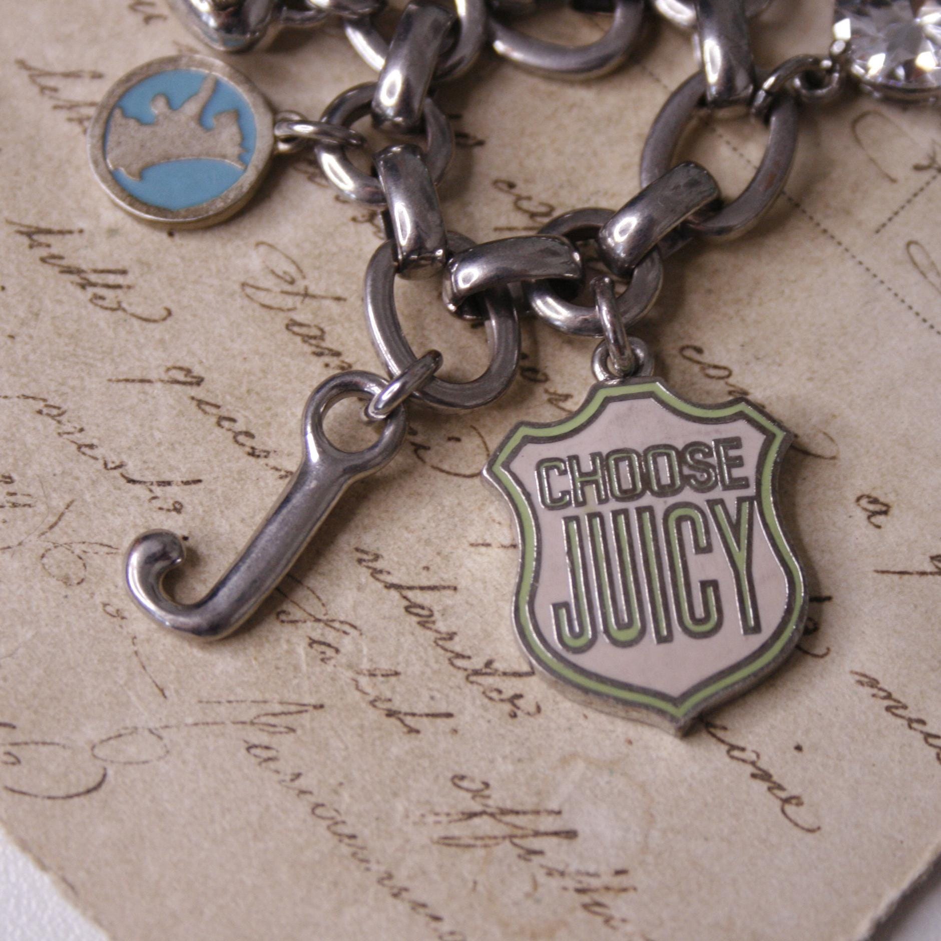 Juicy Couture Charm Bracelet Silver Tone Chain Link Bracelet