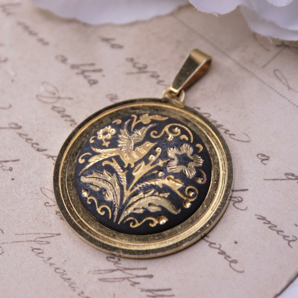 Vintage damascene bird flower pendant, Gold tone circle damascene pendant