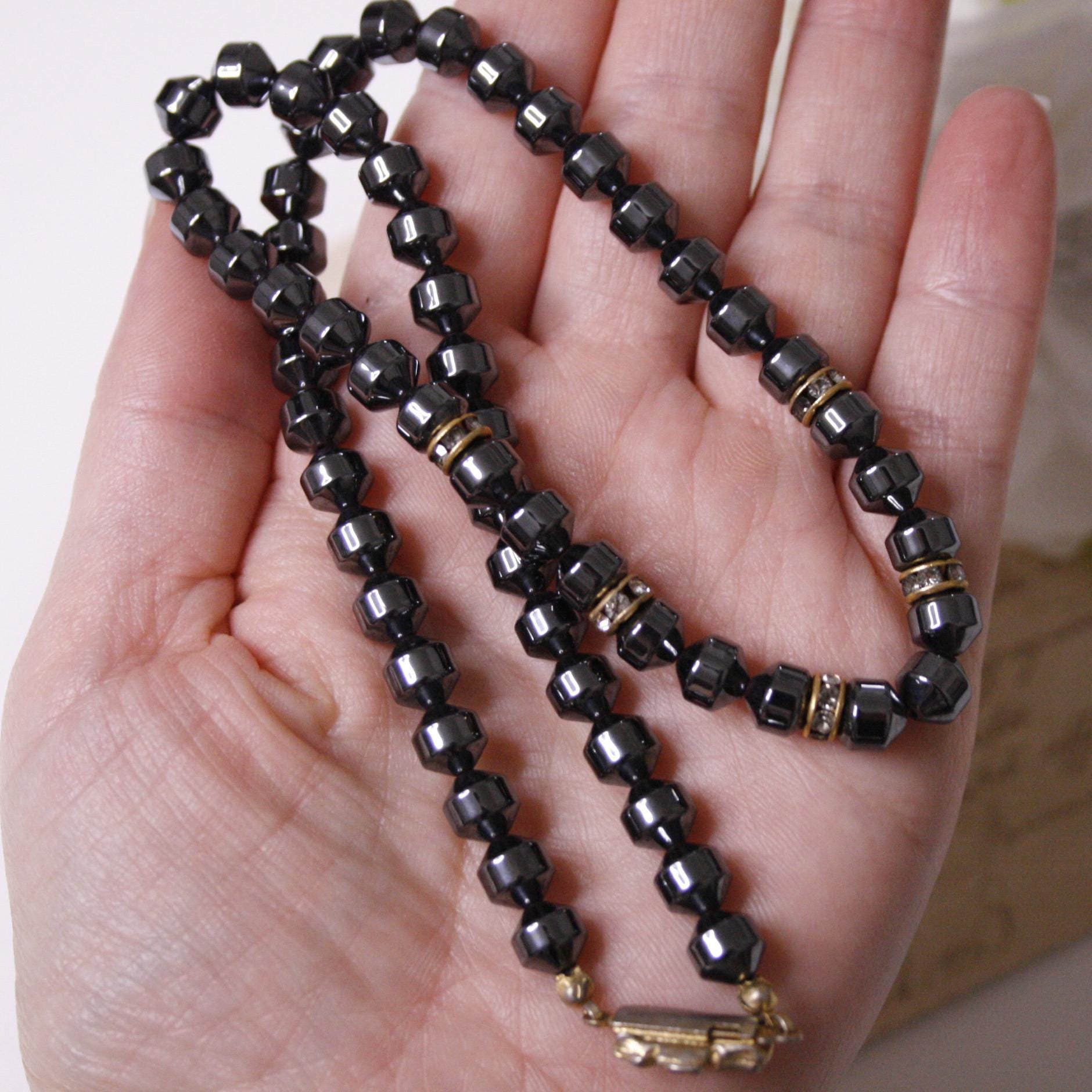 Collier Vintage En Hématites Et Strass - Argenté - Occasion