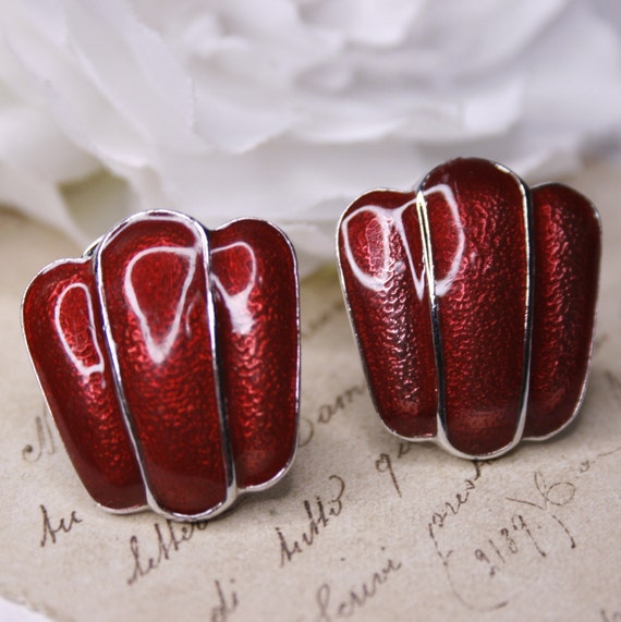 Boucles D'oreilles Clips Vintage Argentées Avec émail Rouge - Occasion En Bon état