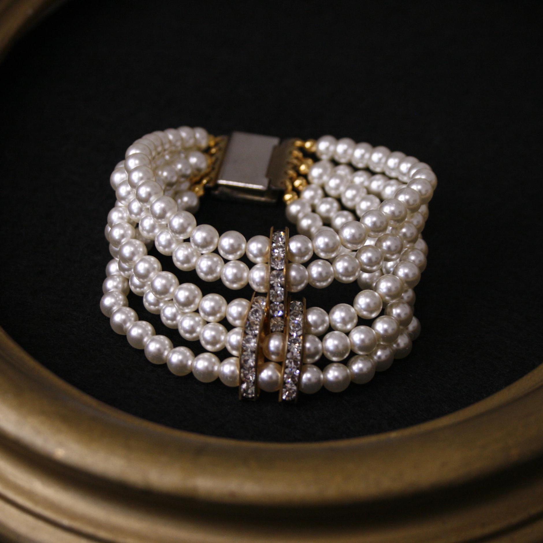 Vintage White Faux Pearl Bracelet With Rhinestone Accent and 
