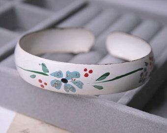 Vintage hand painted floral cuff bracelet, White metal bangle bracelet