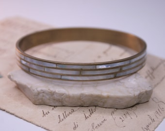 Bracelet Jonc Vintage En Laiton Et Nacre - Bijou Rétro Années 80 - Occasion En Bon état