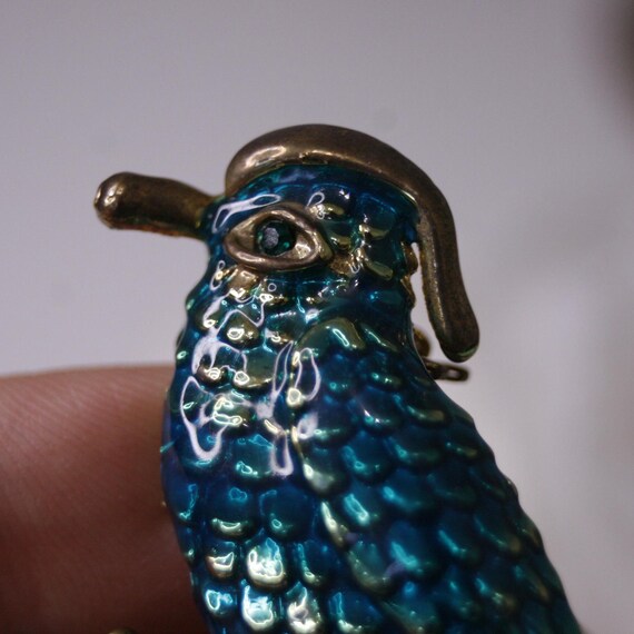 Broche Ancienne Oiseaux De Paradis Métal Doré Laqué Noir Rouge Strass - XXème Siècle