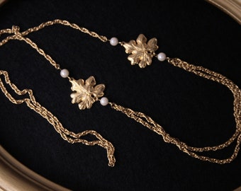 Vintage gold tone maple leaf necklace, Leaves with faux pearl necklace, Long chain