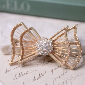 Tie bow brooch with rhinestone Vintage gold tone bow ribbon brooch