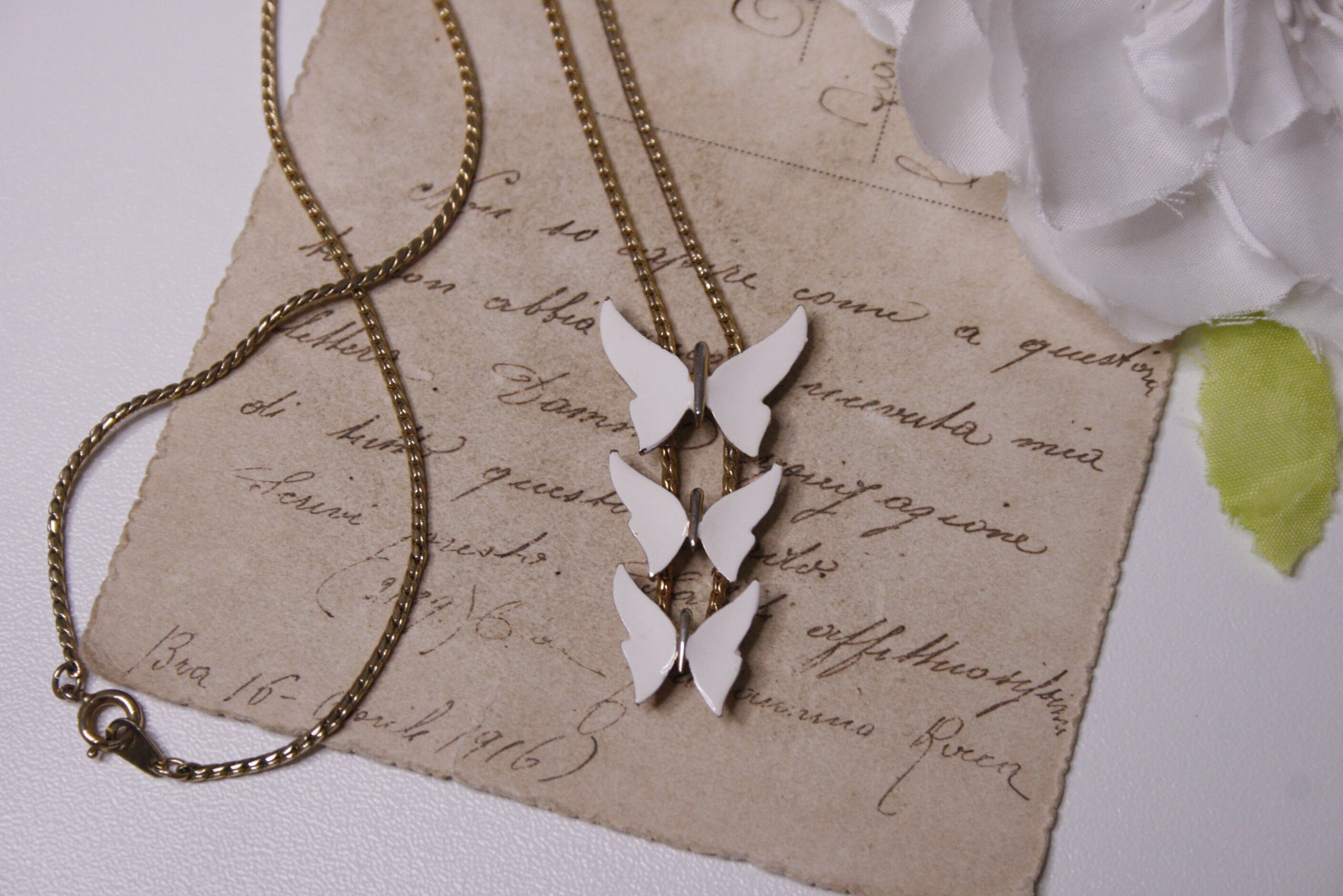 Vintage White Butterfly Pendant Necklace, Gold Tone Chain