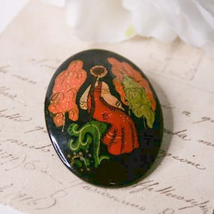 Vintage Russian folk art lacquered brooch, Hand painted wooden brooch