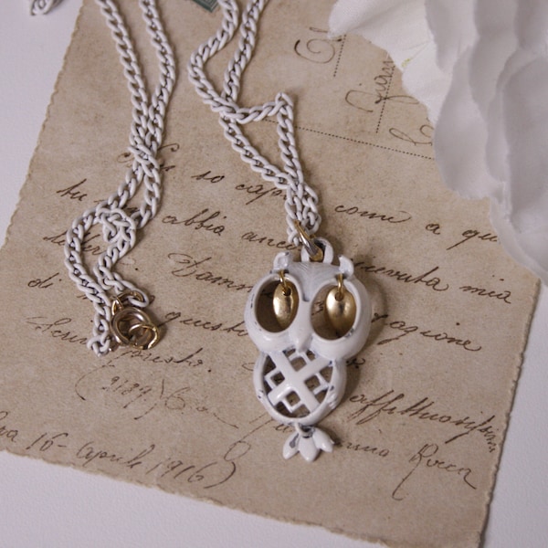 collier hibou articulé vintage Petit hibou blanc Longue chaîne Collier oiseau