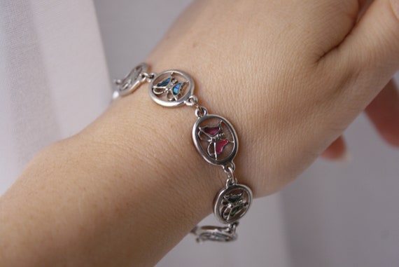 Vintage SJ Abalone Shell Link Bracelet Silver Tone Butterfly