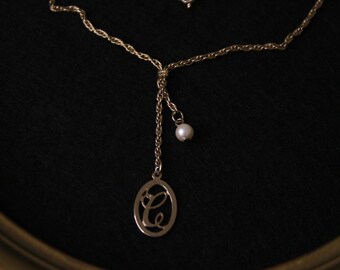 Avon Vintage initial letter C with faux pearl pendant necklace Gold tone long chain