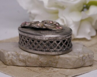 Nicla Oggetti Vintage Silver Tone Pill Box With Pink Rhinestones