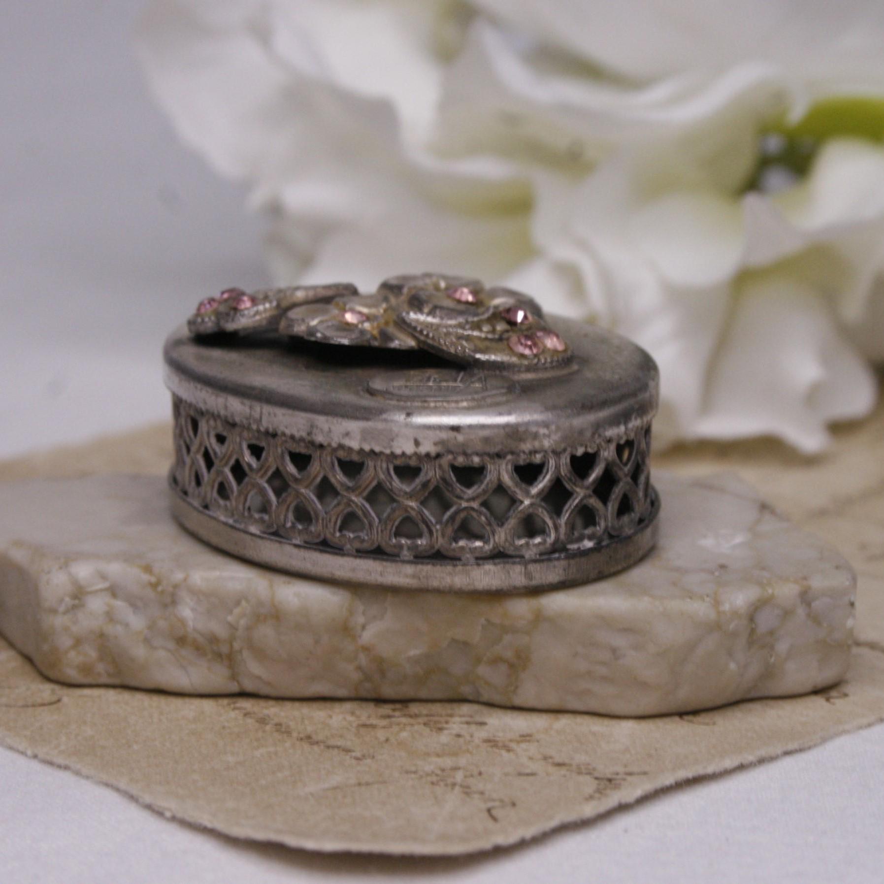 Nicla Oggetti Vintage Silver Tone Pill Box With Pink Rhinestones