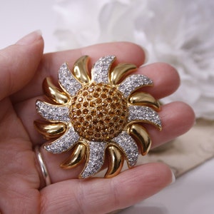 Vintage sunflower brooch with rhinestones Silver and gold flower