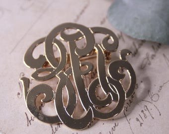 Vintage Monogramm Gold Ton Brosche, Initial Monogramm Brosche