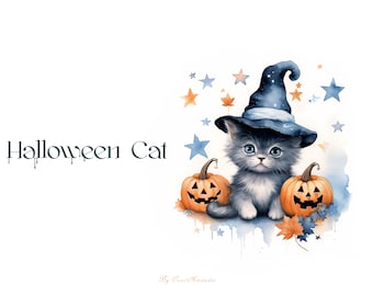 May include: A cute grey kitten wearing a blue witch's hat sits between two orange jack-o'-lantern pumpkins. The background is white with blue and orange stars.