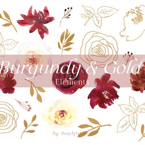 Aquarel Bourgondië goud bloemen clipart, goud bloemen lijn kunst clipart, hand getrokken lijn kunst bloem PNG, Bourgondië Rose clipart, bloemen digitaal