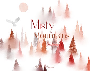 Op de afbeelding: Waterverf schilderij van een mistig bos met rode, oranje en bruine bomen. De tekst "Misty Mountains Autumn" staat in het midden van de afbeelding.
