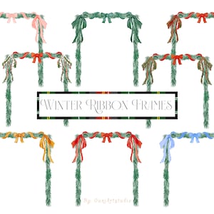 May include: Set of eight watercolour illustrations of winter greenery frames with different coloured ribbons. The frames are perfect for adding a festive touch to your holiday projects.