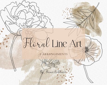 Line Art Floral Clipart, Botanical Clipart, Hand Painted Watercolor Rose Gold Elements, Hand Drawn Digital Flower, Rose Eucalyptus Peony PNG