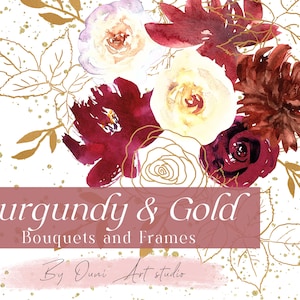 Clipart De Flores De Ouro Borgonha, Arte De Linha Rosa Dourada, Aquarela Floral Borgonha, Buquê De Ouro, Clipart De Rosa Borgonha, Arte De Linha Floral Dourada PNG