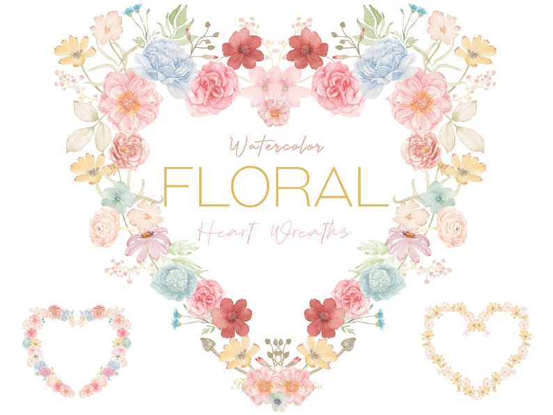 Watercolor Floral Heart Wreath Clipart, Boho Pink Flowers (digital ...