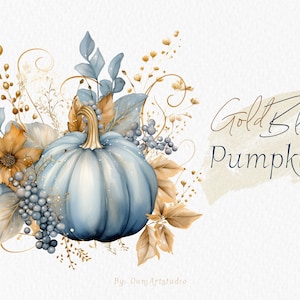 Blauwe pompoen clipart, aquarel blauwe gouden pompoen, aquarel pompoen clipart, aquarel gouden herfstbladeren, herfst blauwe pompoen clipart PNG