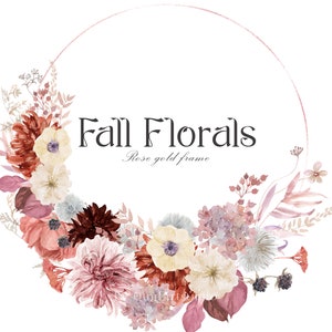 Aquarelle Automne Floral Clipart, Aquarelle Bourgogne Rose Floral Clipart, Boho Floral PNG, Boho Automne Fleurs Clipart, Floral Frame Clipart