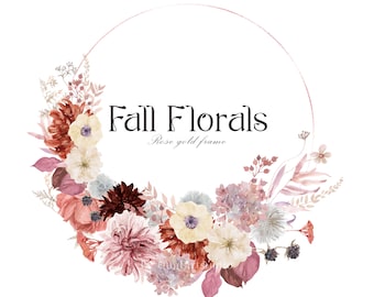 Watercolor Fall Floral Clipart, Burgundy Pink, Boho Frame (Digital Download)