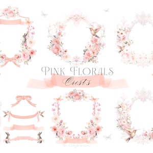 Roze bloemen clipart, bloemen Crest clipart, roze roos clipart PNG, bloemen wapenschild clipart, aquarel bloemen clipart, aquarel Crest PNG